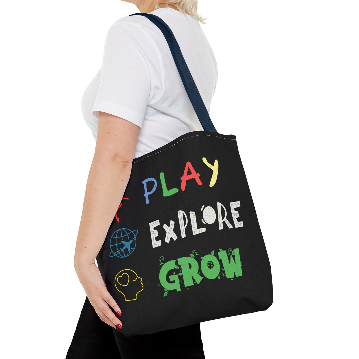 Tote Bag (Black) | Play Explore Grow | Design for Book Lovers, Students, Teachers, Gifts, Everyday Use