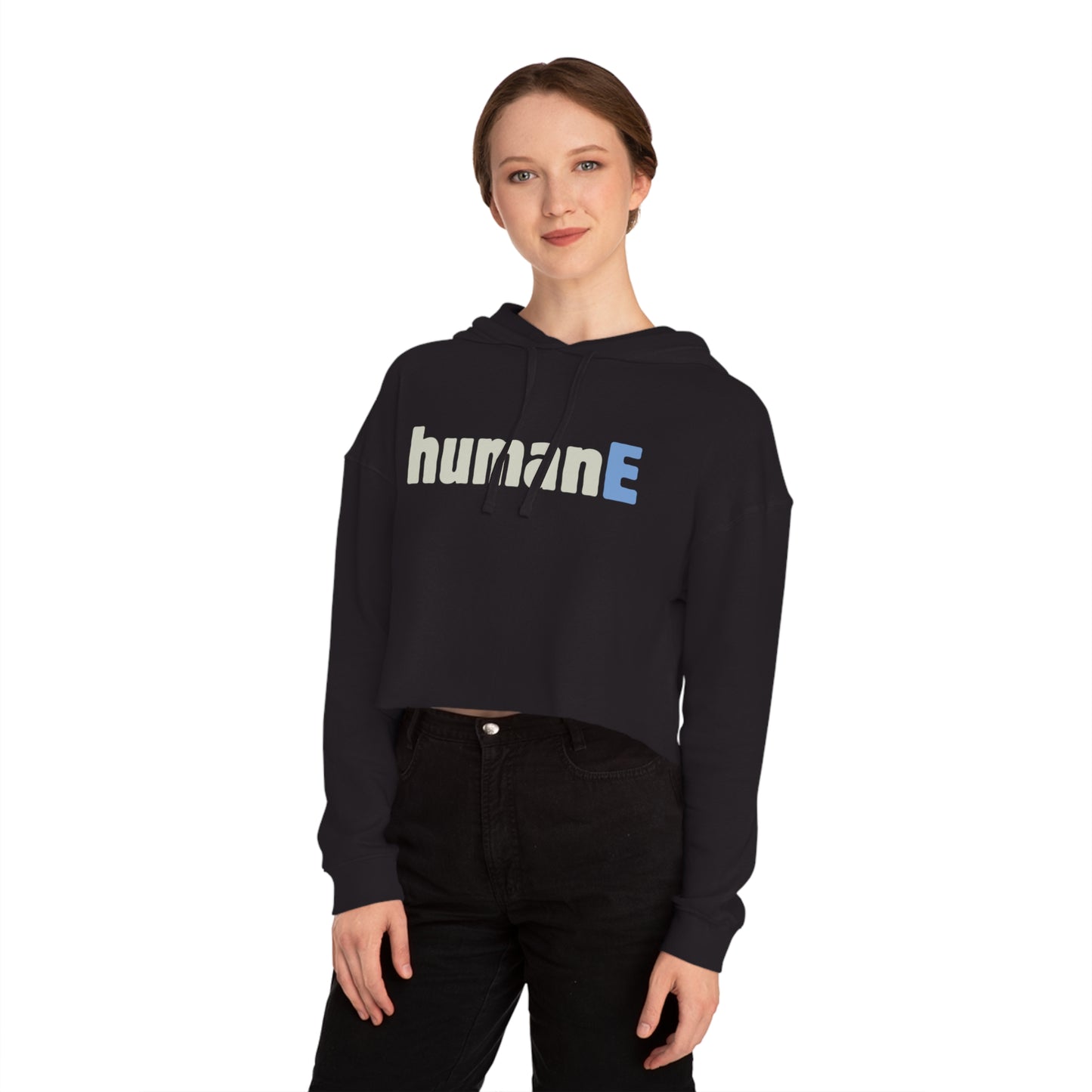 Women’s Cropped Hooded Sweatshirt | humanE (front print)
