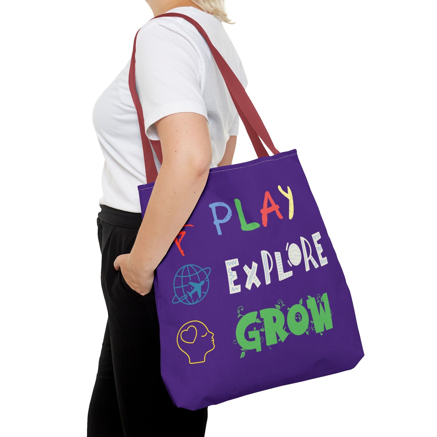 Tote Bag (Purple) | Play Explore Grow | Design for Book Lovers, Students, Teachers, Gifts, Everyday Use
