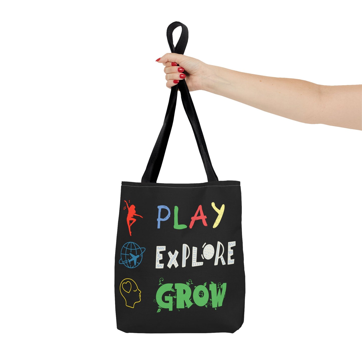 Tote Bag (Black) | Play Explore Grow | Design for Book Lovers, Students, Teachers, Gifts, Everyday Use