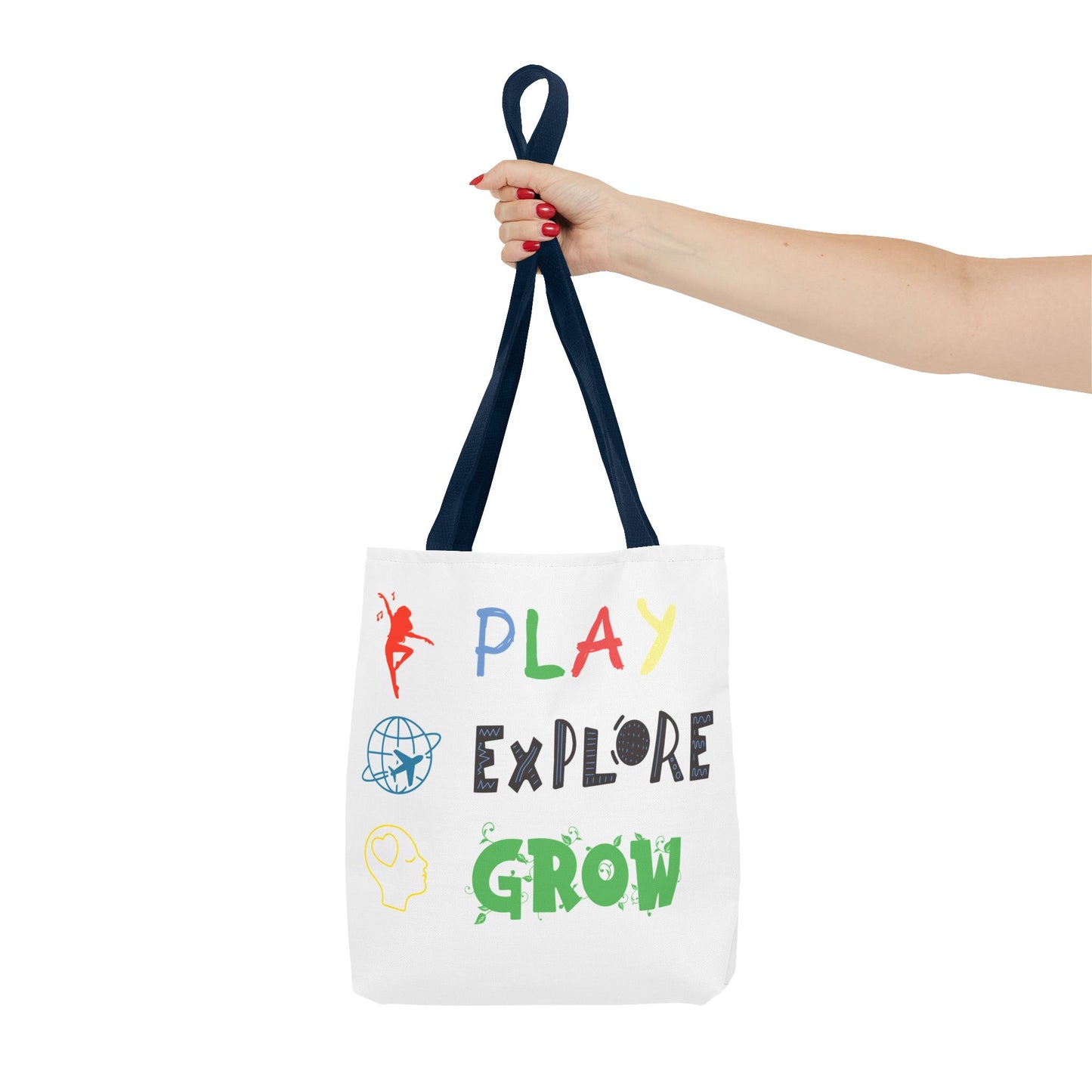 Tote Bag (White) | Play Explore Grow | Design for Book Lovers, Students, Teachers, Gifts, Everyday Use