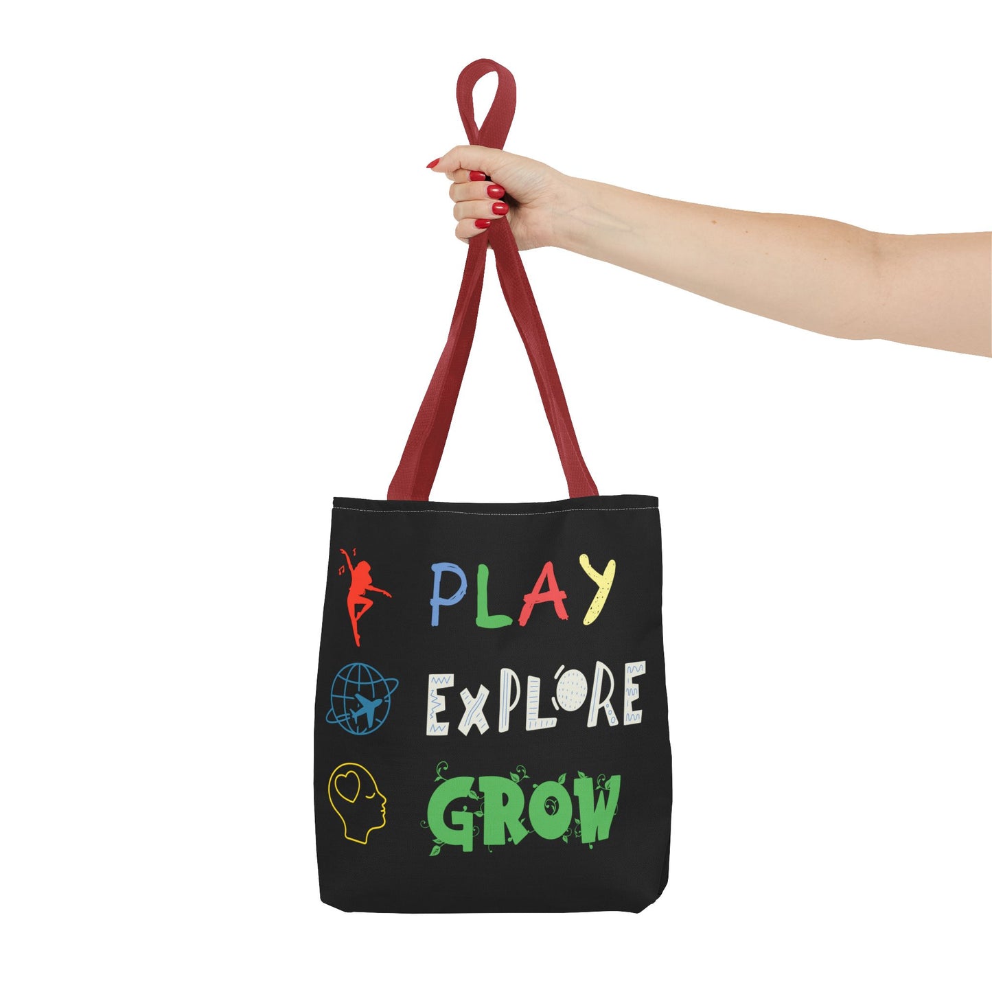 Tote Bag (Black) | Play Explore Grow | Design for Book Lovers, Students, Teachers, Gifts, Everyday Use