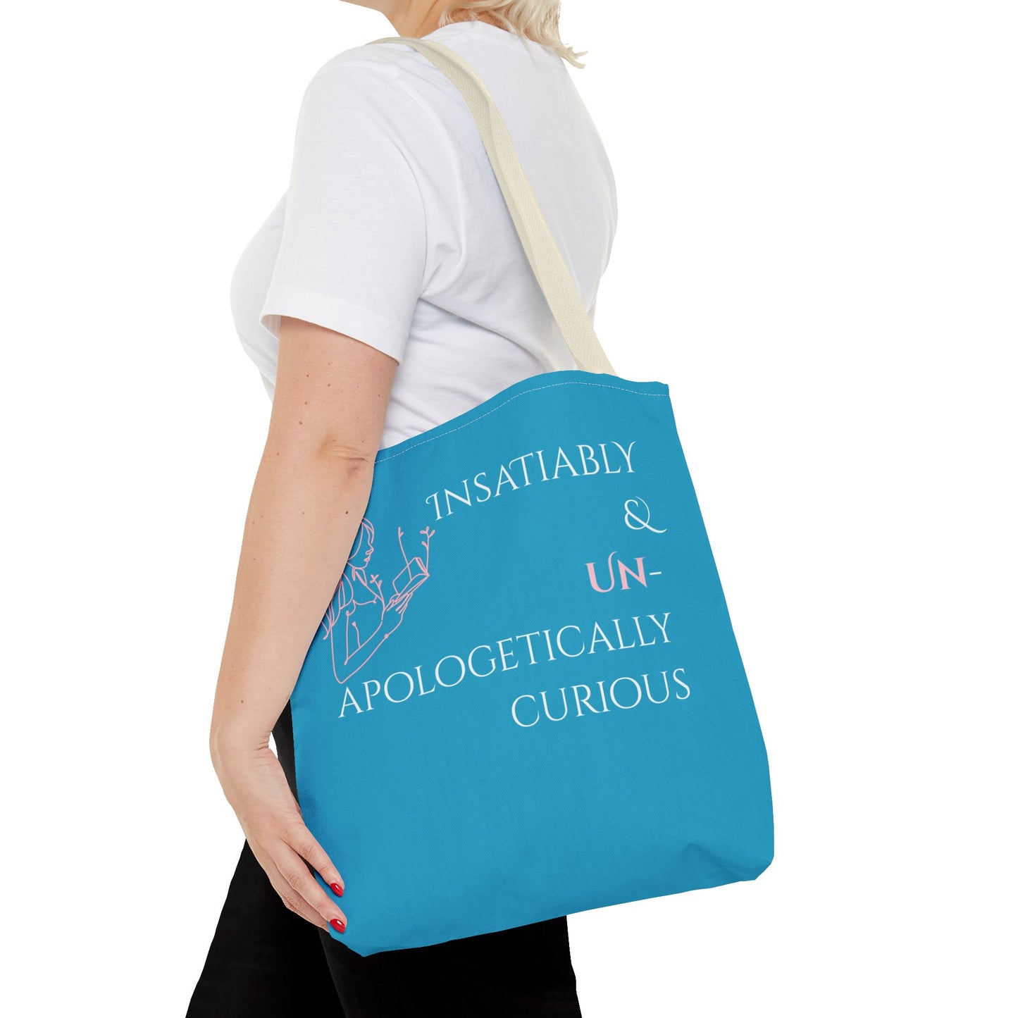 Tote Bag (Teal) | Insatiably Curious | Design for Book Lovers, Students, Teachers, Gifts, Everyday Use