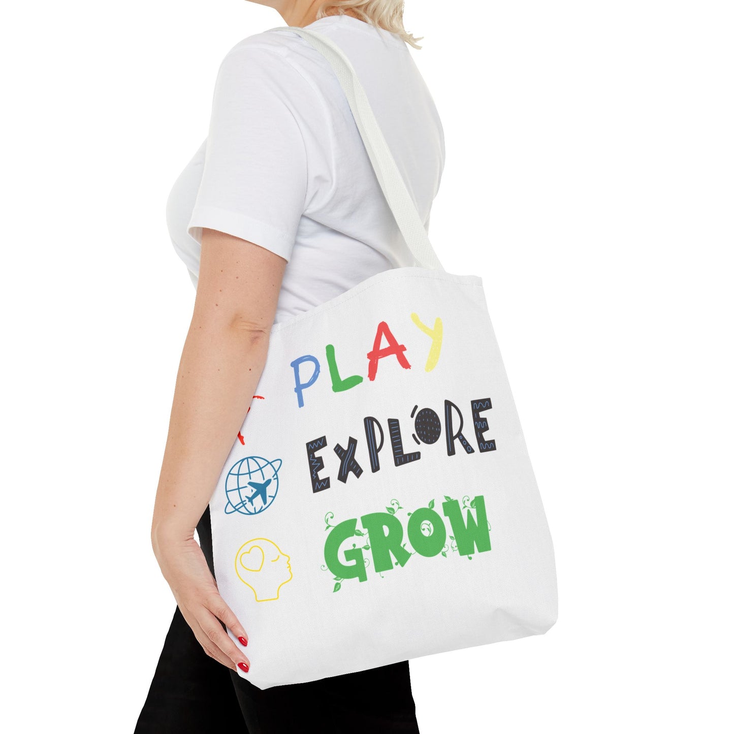 Tote Bag (White) | Play Explore Grow | Design for Book Lovers, Students, Teachers, Gifts, Everyday Use