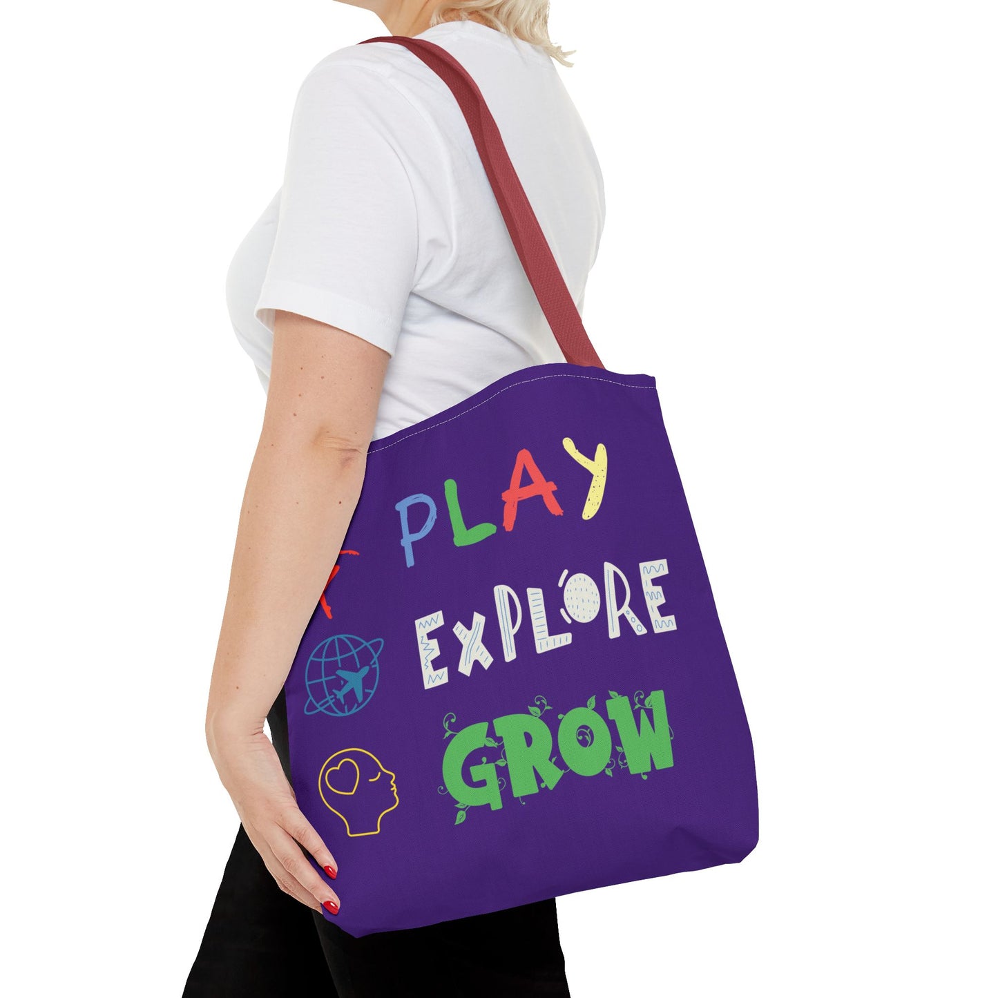 Tote Bag (Purple) | Play Explore Grow | Design for Book Lovers, Students, Teachers, Gifts, Everyday Use