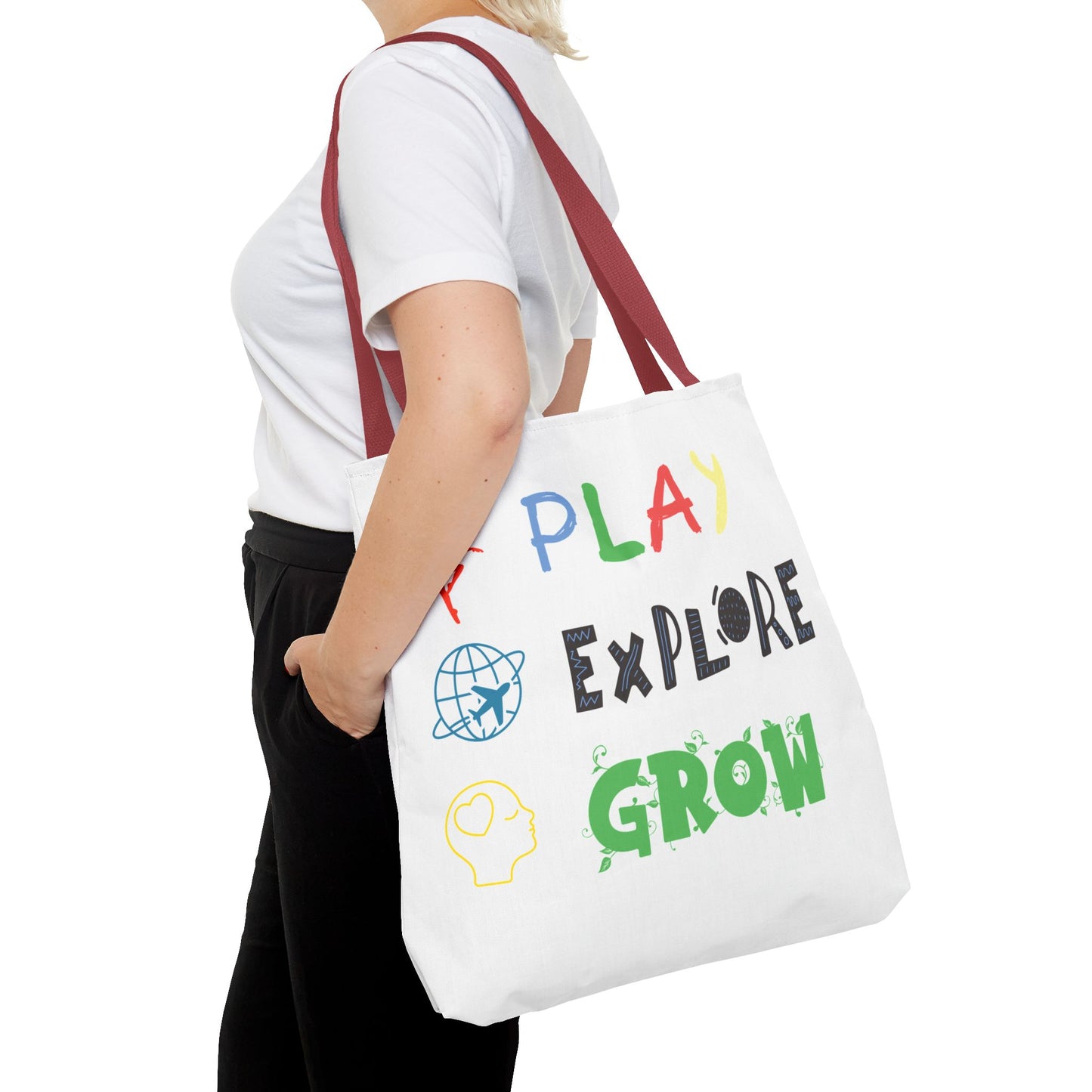 Tote Bag (White) | Play Explore Grow | Design for Book Lovers, Students, Teachers, Gifts, Everyday Use