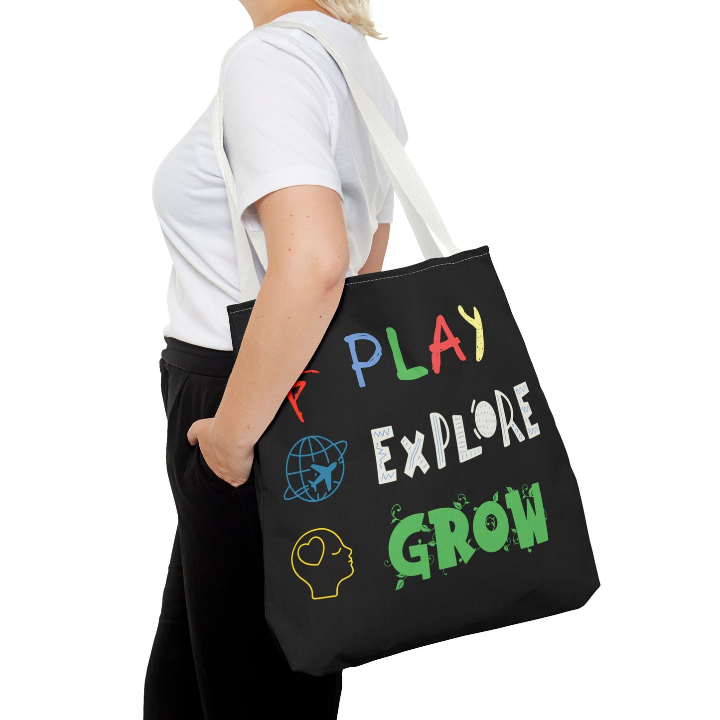 Tote Bag (Black) | Play Explore Grow | Design for Book Lovers, Students, Teachers, Gifts, Everyday Use