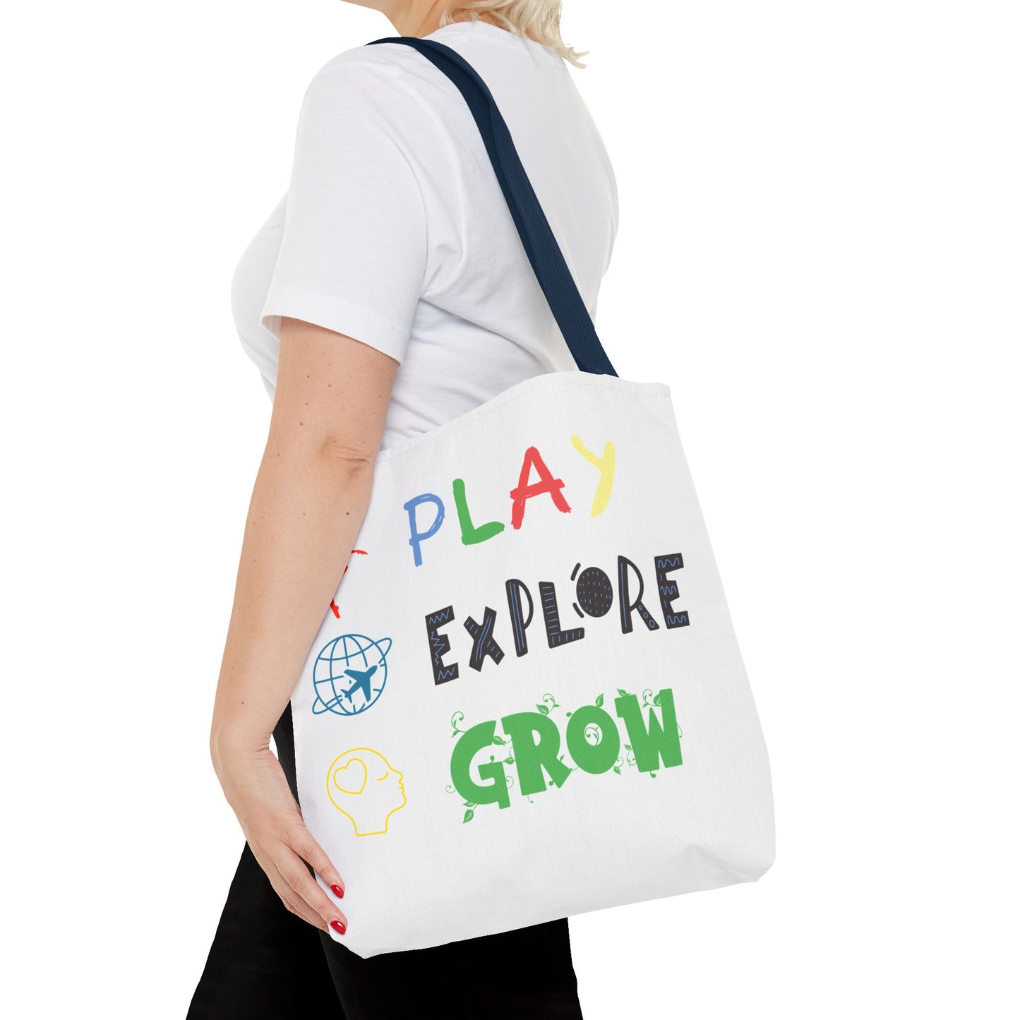 Tote Bag (White) | Play Explore Grow | Design for Book Lovers, Students, Teachers, Gifts, Everyday Use
