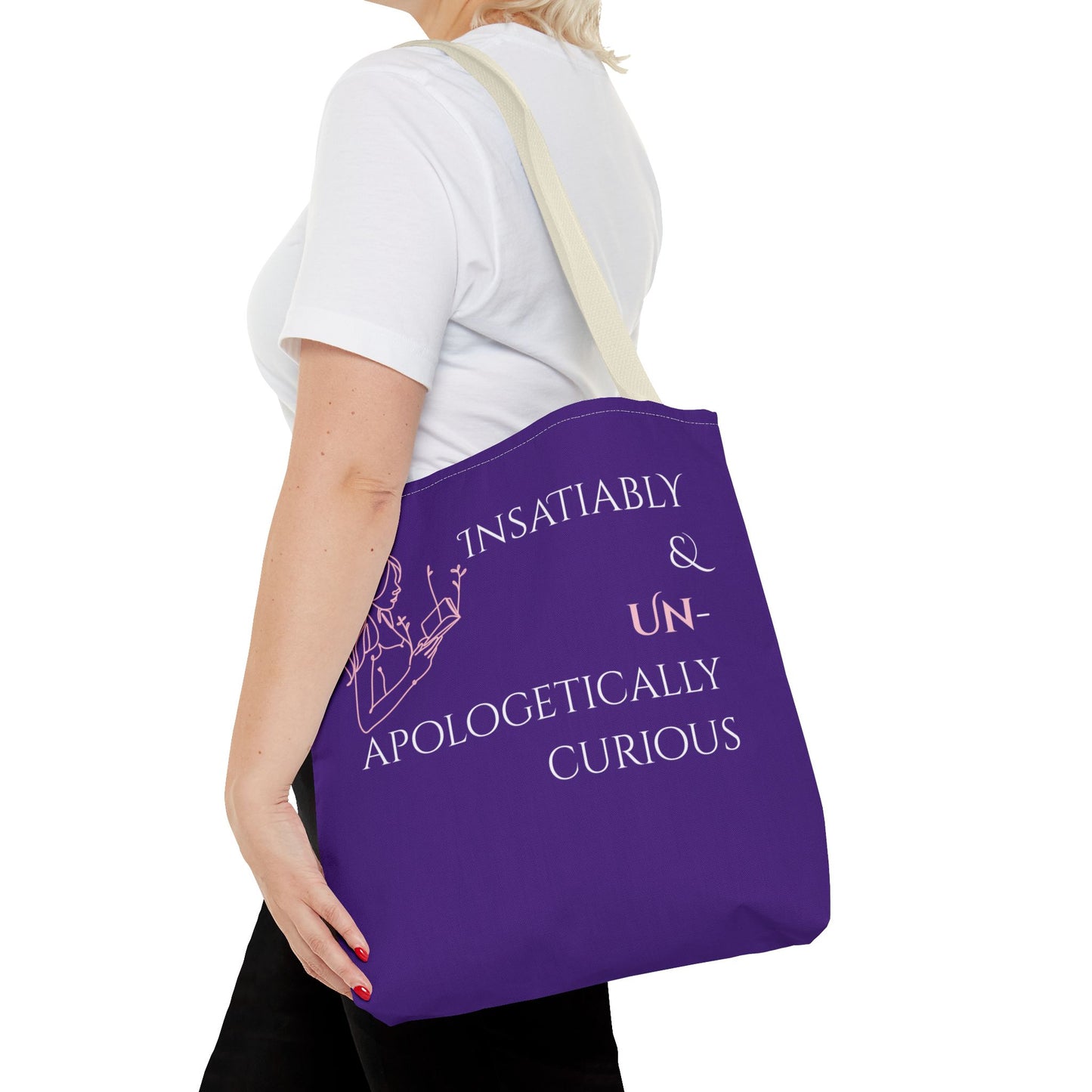 Tote Bag (Purple) | Insatiably Curious | Design for Book Lovers, Students, Teachers, Gifts, Everyday Use