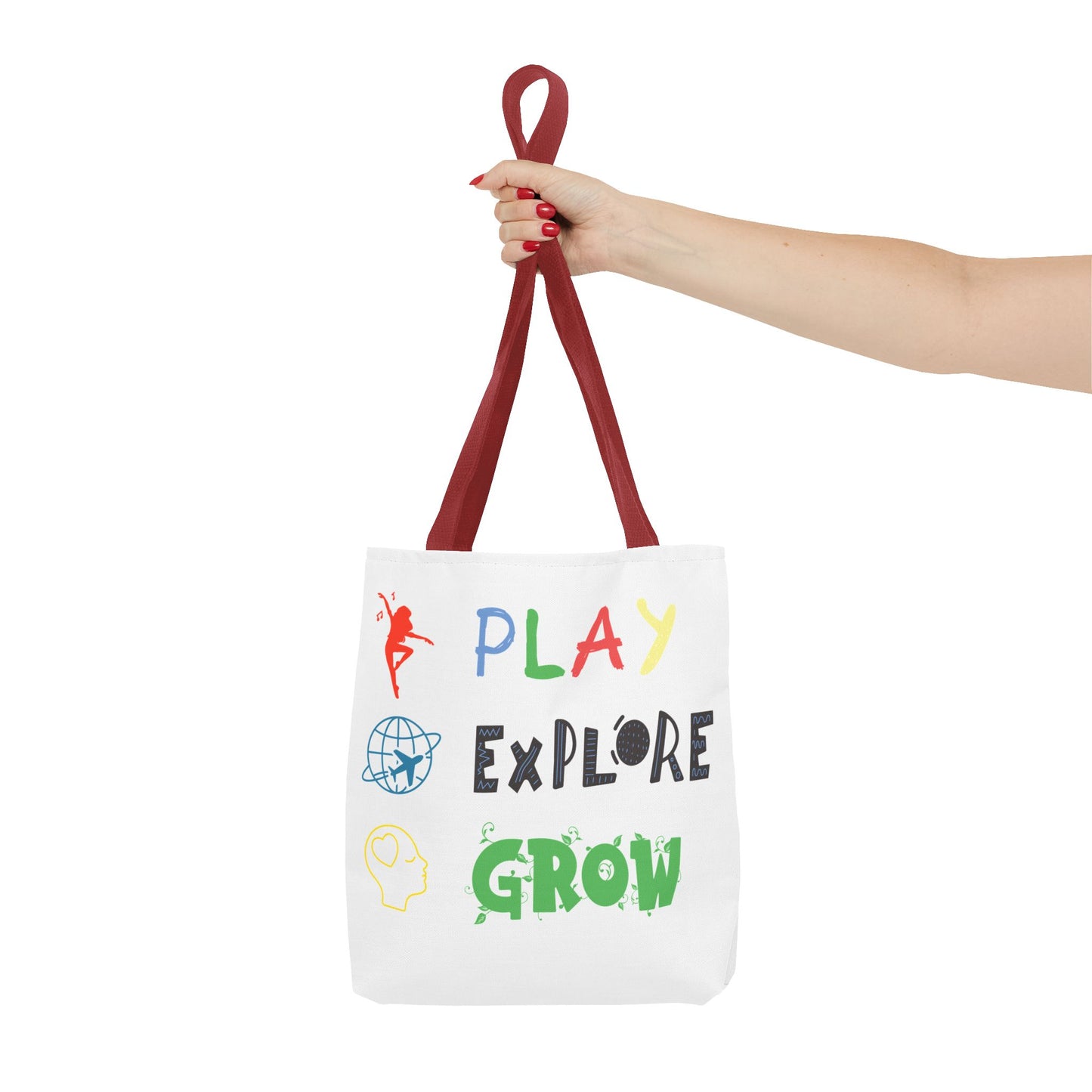 Tote Bag (White) | Play Explore Grow | Design for Book Lovers, Students, Teachers, Gifts, Everyday Use