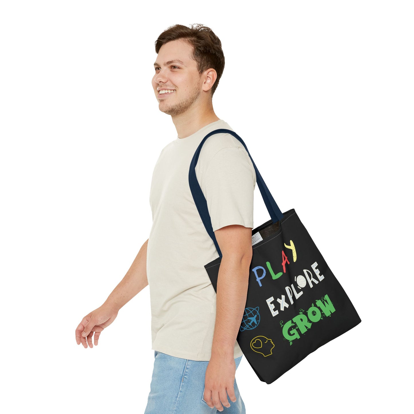 Tote Bag (Black) | Play Explore Grow | Design for Book Lovers, Students, Teachers, Gifts, Everyday Use