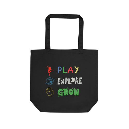 Eco-Friendly Tote Bag (Black) - Play Explore Grow | Reusable Shopping Bag, Beach Bag, Gift Bag, Grocery Tote