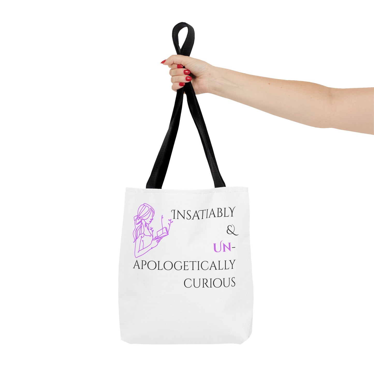 Tote Bag (White) | Insatiably Curious | Design for Book Lovers, Students, Teachers, Gifts, Everyday Use