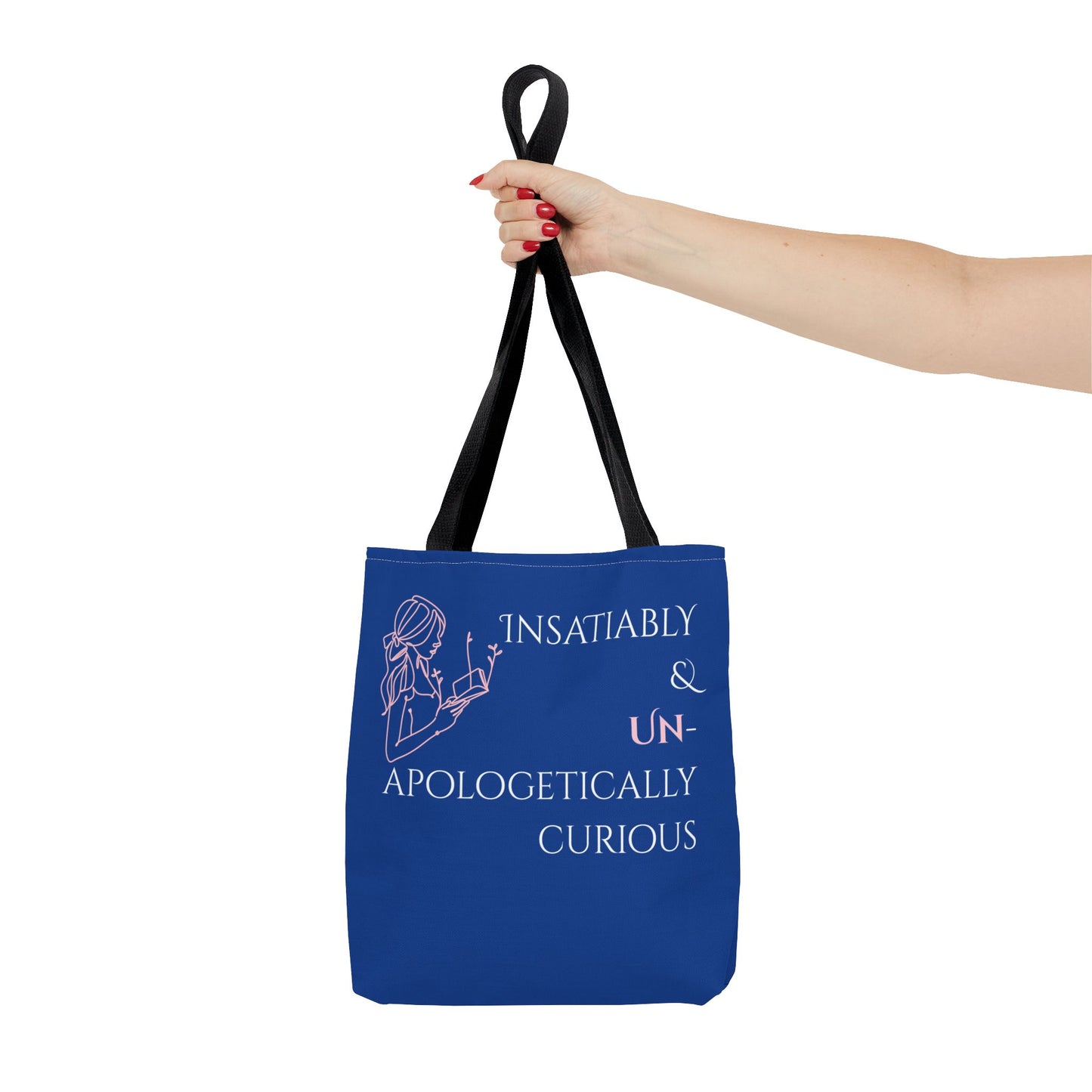 Tote Bag (Blue) | Insatiably Curious | Design for Book Lovers, Students, Teachers, Gifts, Everyday Use