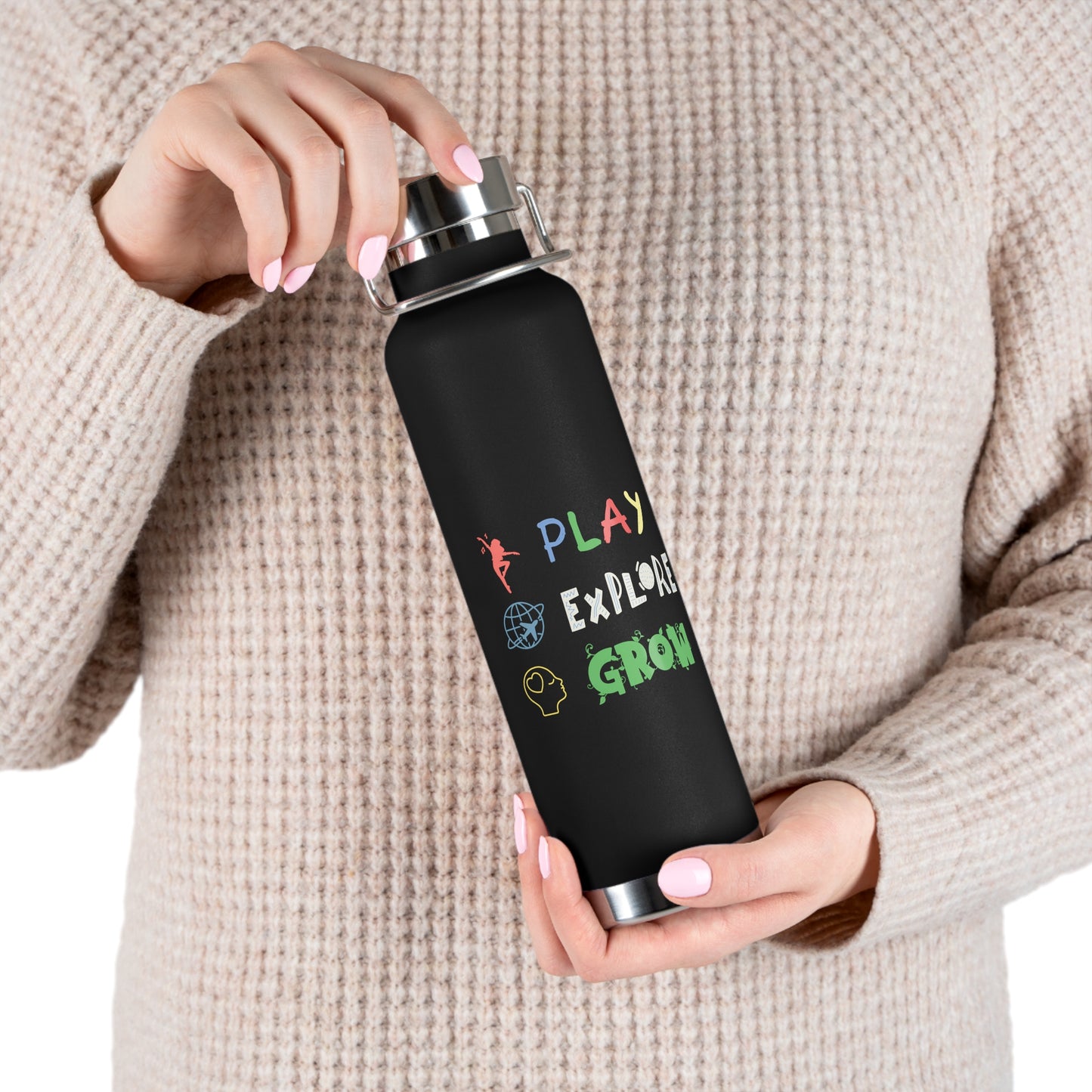 Water Bottle, Insulated Drink Container (white, black) | Play Explore Grow