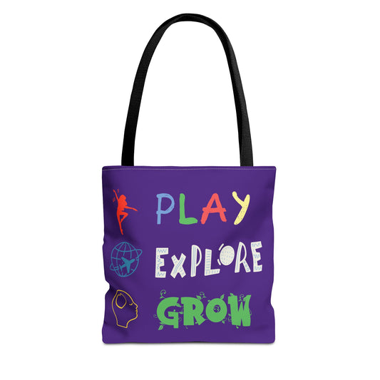 Tote Bag (Purple) | Play Explore Grow | Design for Book Lovers, Students, Teachers, Gifts, Everyday Use