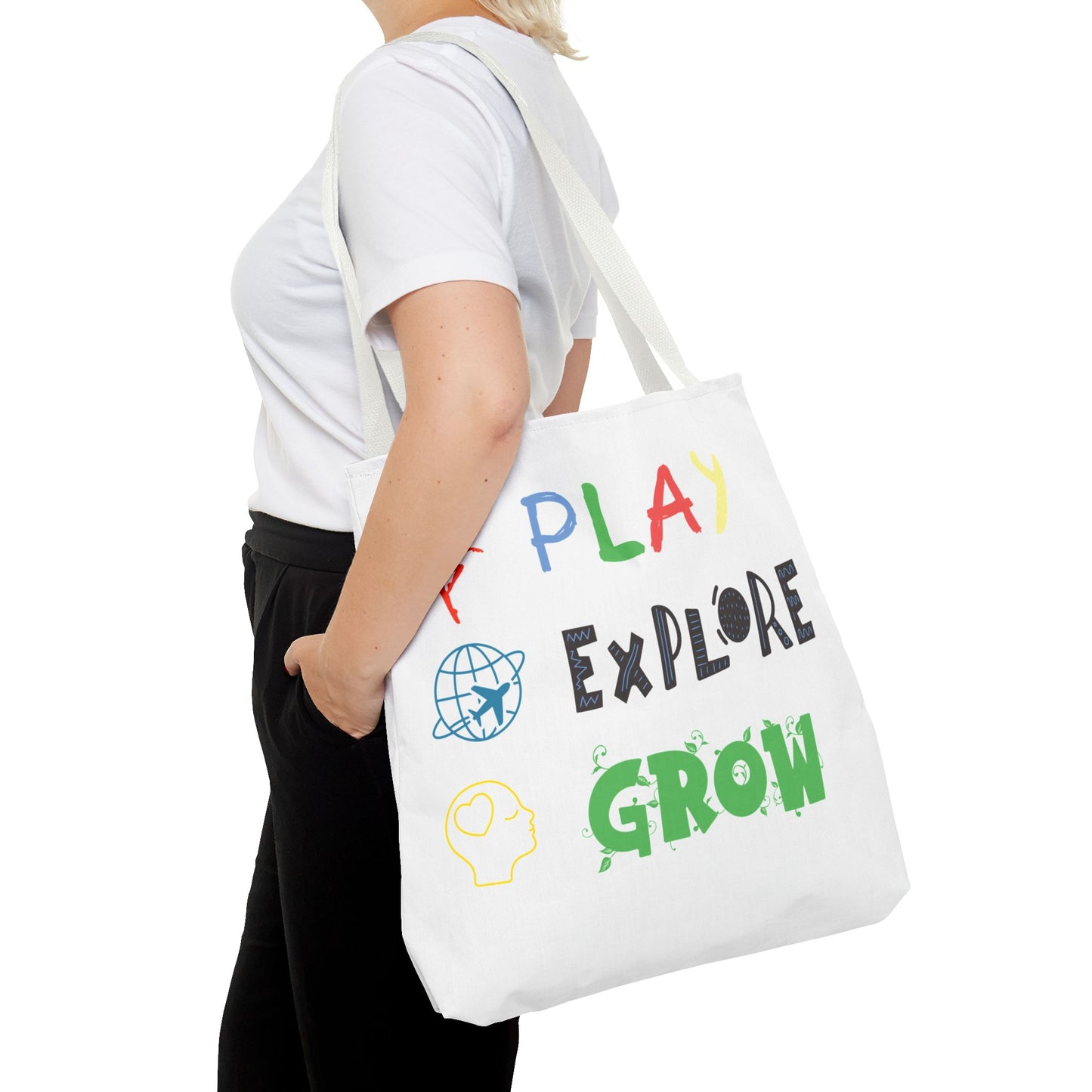 Tote Bag (White) | Play Explore Grow | Design for Book Lovers, Students, Teachers, Gifts, Everyday Use