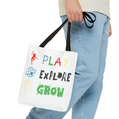 Tote Bag (White) | Play Explore Grow | Design for Book Lovers, Students, Teachers, Gifts, Everyday Use