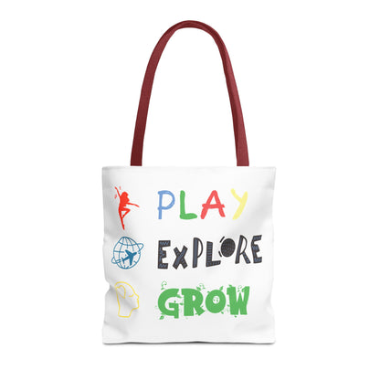 Tote Bag (White) | Play Explore Grow | Design for Book Lovers, Students, Teachers, Gifts, Everyday Use