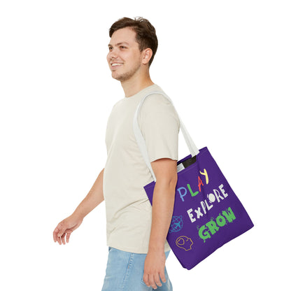 Tote Bag (Purple) | Play Explore Grow | Design for Book Lovers, Students, Teachers, Gifts, Everyday Use