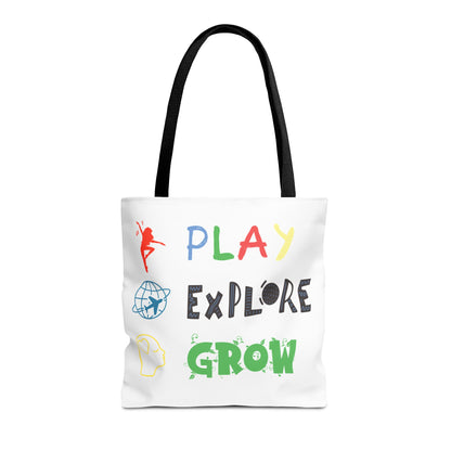 Tote Bag (White) | Play Explore Grow | Design for Book Lovers, Students, Teachers, Gifts, Everyday Use
