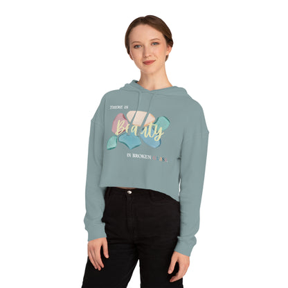 Women’s Cropped Hooded Sweatshirt | Beauty in Broken Glass (Front print)