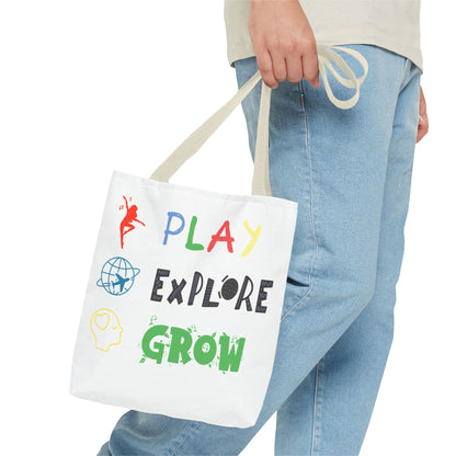 Tote Bag (White) | Play Explore Grow | Design for Book Lovers, Students, Teachers, Gifts, Everyday Use