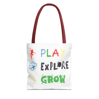 Tote Bag (White) | Play Explore Grow | Design for Book Lovers, Students, Teachers, Gifts, Everyday Use