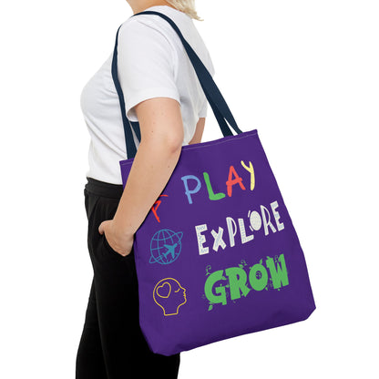 Tote Bag (Purple) | Play Explore Grow | Design for Book Lovers, Students, Teachers, Gifts, Everyday Use