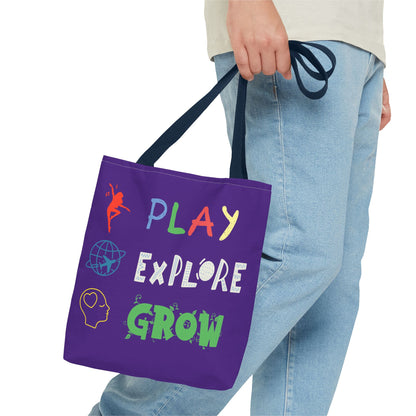 Tote Bag (Purple) | Play Explore Grow | Design for Book Lovers, Students, Teachers, Gifts, Everyday Use