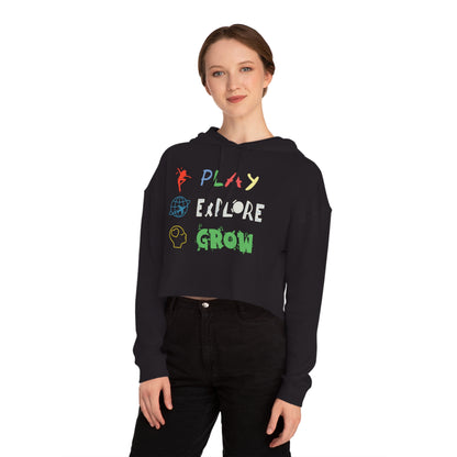 Women’s Cropped Hooded Sweatshirt | Play Explore Grow (Front print)