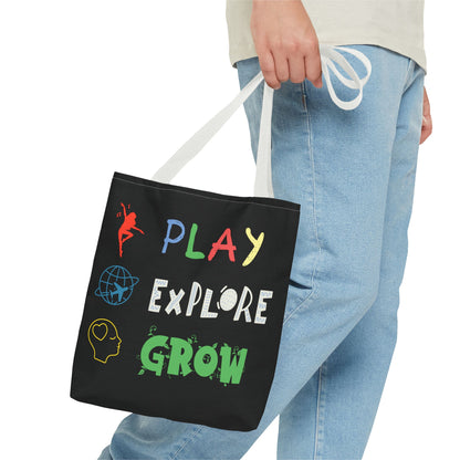 Tote Bag (Black) | Play Explore Grow | Design for Book Lovers, Students, Teachers, Gifts, Everyday Use