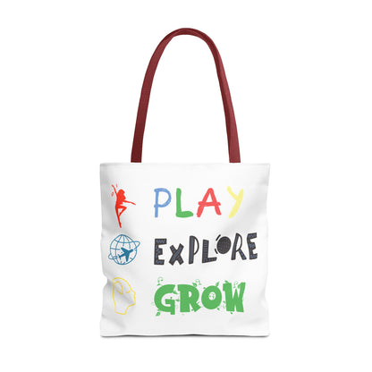 Tote Bag (White) | Play Explore Grow | Design for Book Lovers, Students, Teachers, Gifts, Everyday Use