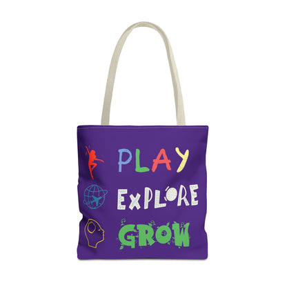 Tote Bag (Purple) | Play Explore Grow | Design for Book Lovers, Students, Teachers, Gifts, Everyday Use