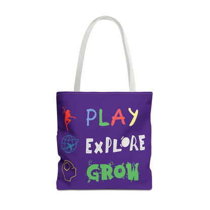 Tote Bag (Purple) | Play Explore Grow | Design for Book Lovers, Students, Teachers, Gifts, Everyday Use