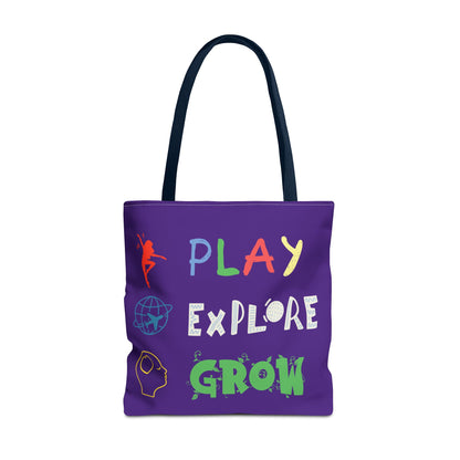 Tote Bag (Purple) | Play Explore Grow | Design for Book Lovers, Students, Teachers, Gifts, Everyday Use