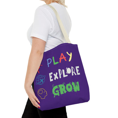 Tote Bag (Purple) | Play Explore Grow | Design for Book Lovers, Students, Teachers, Gifts, Everyday Use