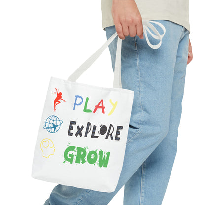 Tote Bag (White) | Play Explore Grow | Design for Book Lovers, Students, Teachers, Gifts, Everyday Use