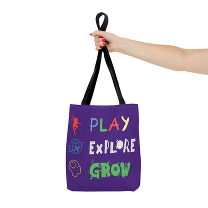 Tote Bag (Purple) | Play Explore Grow | Design for Book Lovers, Students, Teachers, Gifts, Everyday Use