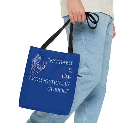 Tote Bag (Blue) | Insatiably Curious | Design for Book Lovers, Students, Teachers, Gifts, Everyday Use