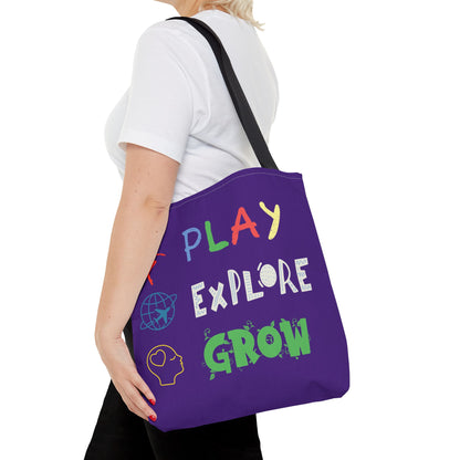 Tote Bag (Purple) | Play Explore Grow | Design for Book Lovers, Students, Teachers, Gifts, Everyday Use