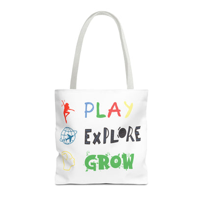 Tote Bag (White) | Play Explore Grow | Design for Book Lovers, Students, Teachers, Gifts, Everyday Use