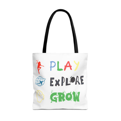 Tote Bag (White) | Play Explore Grow | Design for Book Lovers, Students, Teachers, Gifts, Everyday Use
