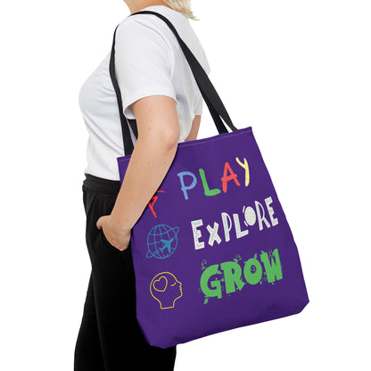 Tote Bag (Purple) | Play Explore Grow | Design for Book Lovers, Students, Teachers, Gifts, Everyday Use
