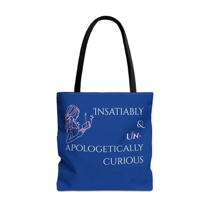 Tote Bag (Blue) | Insatiably Curious | Design for Book Lovers, Students, Teachers, Gifts, Everyday Use