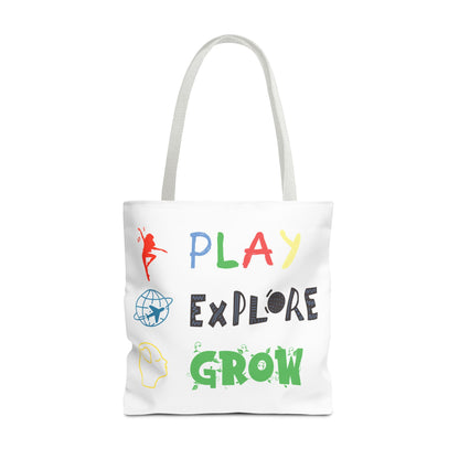 Tote Bag (White) | Play Explore Grow | Design for Book Lovers, Students, Teachers, Gifts, Everyday Use