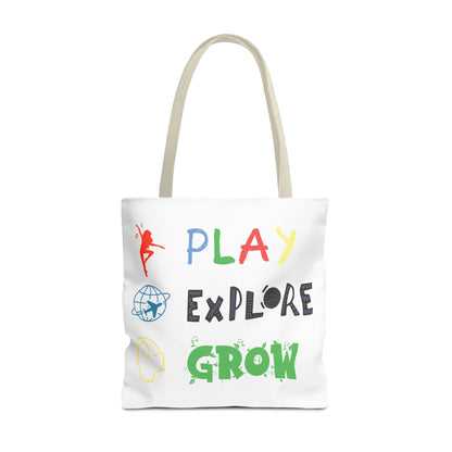 Tote Bag (White) | Play Explore Grow | Design for Book Lovers, Students, Teachers, Gifts, Everyday Use