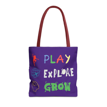Tote Bag (Purple) | Play Explore Grow | Design for Book Lovers, Students, Teachers, Gifts, Everyday Use