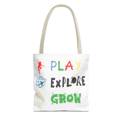 Tote Bag (White) | Play Explore Grow | Design for Book Lovers, Students, Teachers, Gifts, Everyday Use