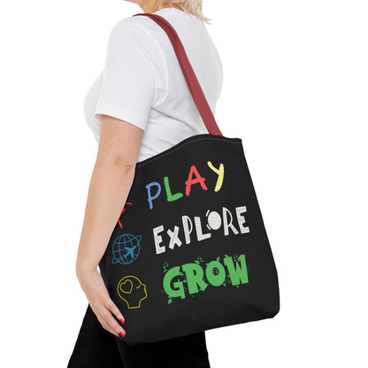 Tote Bag (Black) | Play Explore Grow | Design for Book Lovers, Students, Teachers, Gifts, Everyday Use